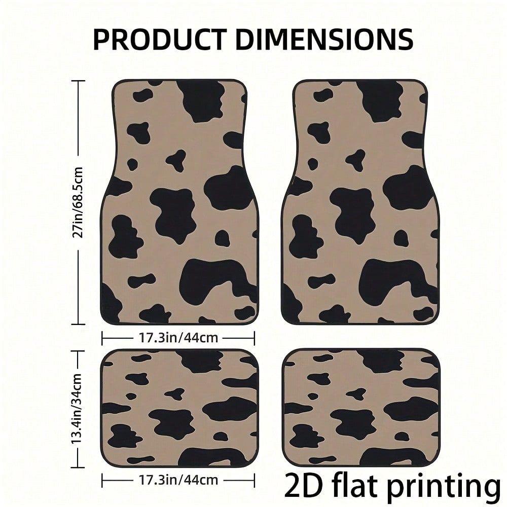Cow Mat Rubber - 4枚組カーフロアマット、牛柄デザイン、ポリエステル繊維素材、汎用カーフロアマット、お手入れ簡単、洗濯可能、車内用