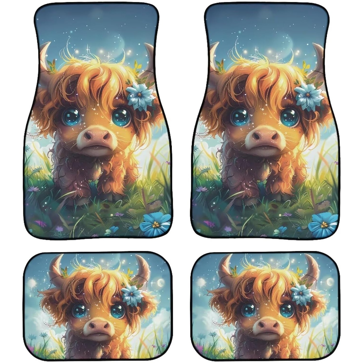 Cow Mat Rubber - かわいいハイランドカウカーフロアマット、耐久性のあるゴム製マット4枚セット、トラック、バン、SUVにユニバーサルフィット、全天候型