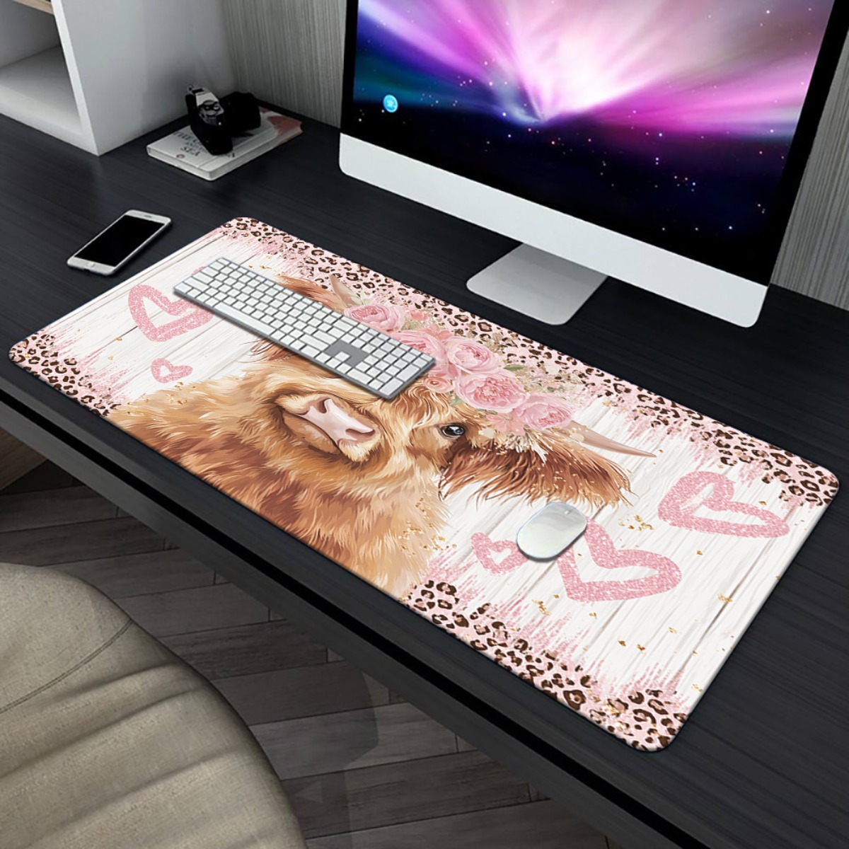 ハイランドカウデスクマット ピンクの花 ハート柄 XXL マ - Cow Mat Rubber のレビューと価格