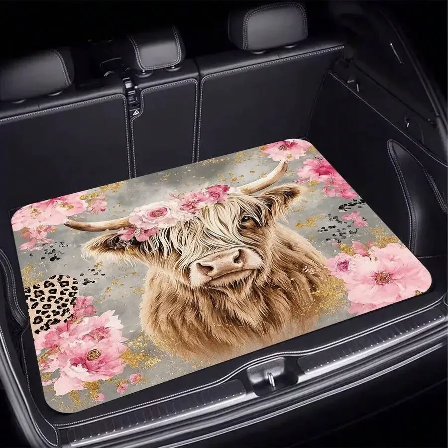 1ピース、スコットランドの高地牛と花柄スタイルの車のトランク - Cow Mat Rubber のレビューと価格
