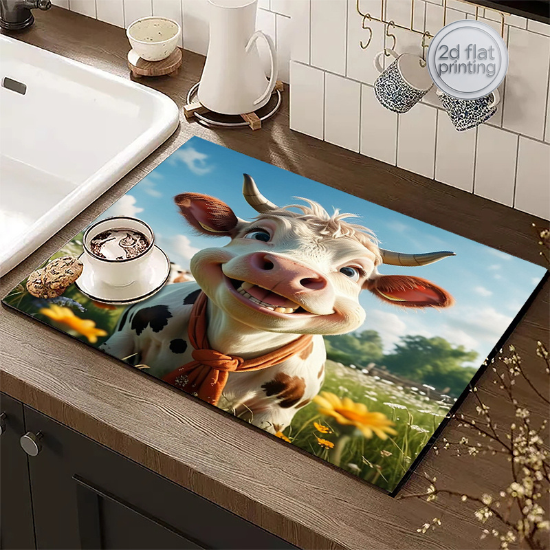 2Dフラット印刷1枚入り牛柄/吸水性食器乾燥マット、水切りマ - Cow Mat Rubber のレビューと価格